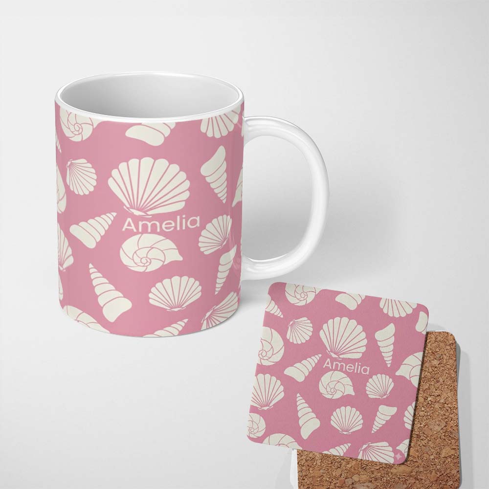 Personalized Custom Name Minimal Sea Shells Pink Background Seamless Pattern Name Cute 11oz Ceramic Coffee Tea Mug White Large Handle