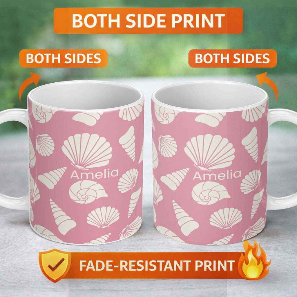 Personalized Custom Name Minimal Sea Shells Pink Background Seamless Pattern Name Cute 11oz Ceramic Coffee Tea Mug White Large Handle