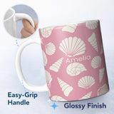 Personalized Custom Name Minimal Sea Shells Pink Background Seamless Pattern Name Cute 11oz Ceramic Coffee Tea Mug White Large Handle