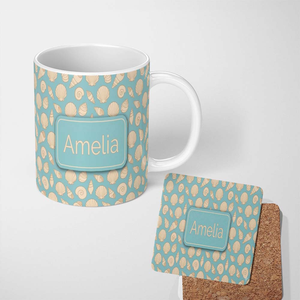 Personalized Custom Name Minimal Sea Shells Blue Background Seamless Pattern Name Cute 11oz Ceramic Coffee Tea Mug White Large Handle