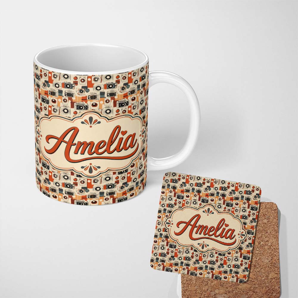 Personalized Custom Name Mid Century Modern Abstract Camera Seamless Pattern Orange Cream 11oz Ceramic Coffee Tea Mug White Large Handle
