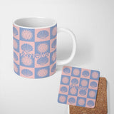 Personalized Custom Name Boho Sun And Shells Checkerboard Blue Pink Seamless Pattern Name 11oz Ceramic Coffee Tea Mug White Large Handle