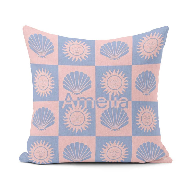 Custom Name Boho Sun And Shells Blue Pink Seamless Pattern Name Square Filled Cushion Throw Pillow Sofa Bed Home Decor Zip Washable UK Made