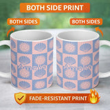 Personalized Custom Name Boho Sun And Shells Checkerboard Blue Pink Seamless Pattern Name 11oz Ceramic Coffee Tea Mug White Large Handle