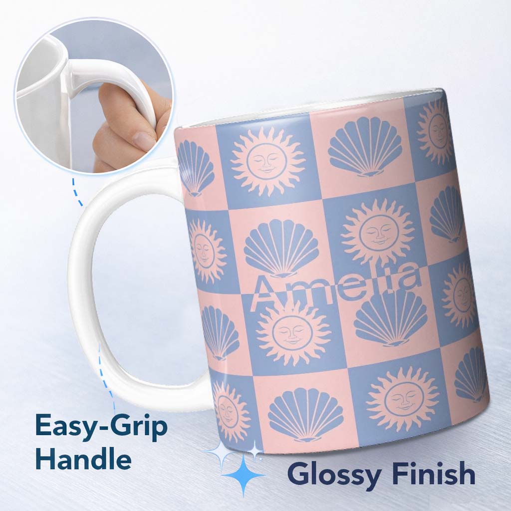 Personalized Custom Name Boho Sun And Shells Checkerboard Blue Pink Seamless Pattern Name 11oz Ceramic Coffee Tea Mug White Large Handle