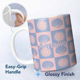 Personalized Custom Name Boho Sun And Shells Checkerboard Blue Pink Seamless Pattern Name 11oz Ceramic Coffee Tea Mug White Large Handle