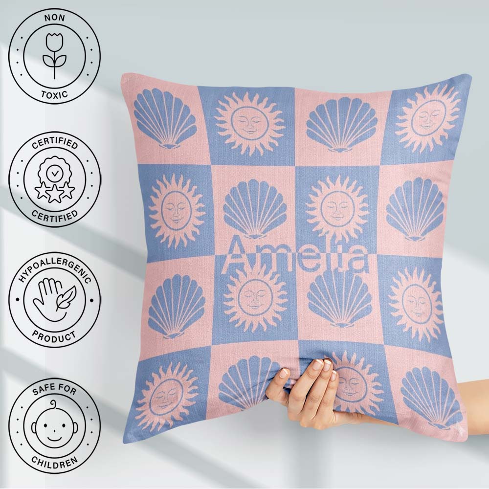 Custom Name Boho Sun And Shells Blue Pink Seamless Pattern Name Square Filled Cushion Throw Pillow Sofa Bed Home Decor Zip Washable UK Made
