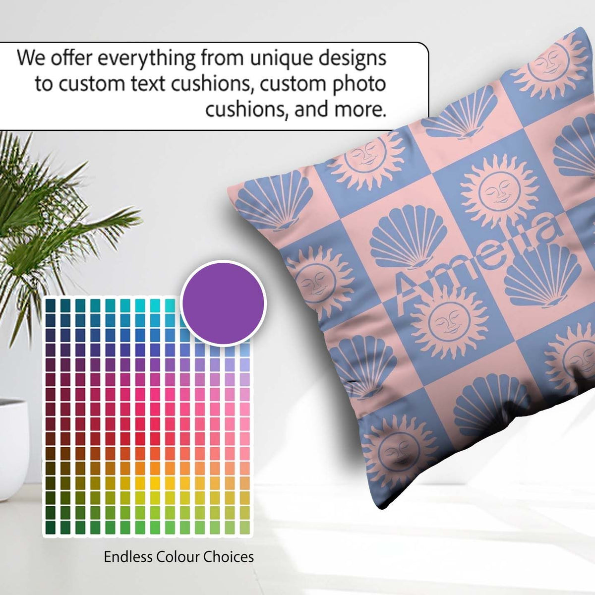 Custom Name Boho Sun And Shells Blue Pink Seamless Pattern Name Square Filled Cushion Throw Pillow Sofa Bed Home Decor Zip Washable UK Made