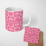 Personalized Custom Name Boho Sun And Shells Checkerboard Pink Seamless Pattern Name Cute 11oz Ceramic Coffee Tea Mug White Large Handle