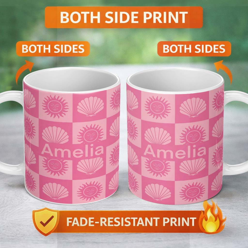 Personalized Custom Name Boho Sun And Shells Checkerboard Pink Seamless Pattern Name Cute 11oz Ceramic Coffee Tea Mug White Large Handle