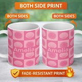 Personalized Custom Name Boho Sun And Shells Checkerboard Pink Seamless Pattern Name Cute 11oz Ceramic Coffee Tea Mug White Large Handle