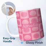 Personalized Custom Name Boho Sun And Shells Checkerboard Pink Seamless Pattern Name Cute 11oz Ceramic Coffee Tea Mug White Large Handle