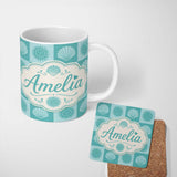 Personalized Custom Name Boho Sun And Shells Checkerboard Teal Seamless Pattern Name Cute 11oz Ceramic Coffee Tea Mug White Large Handle