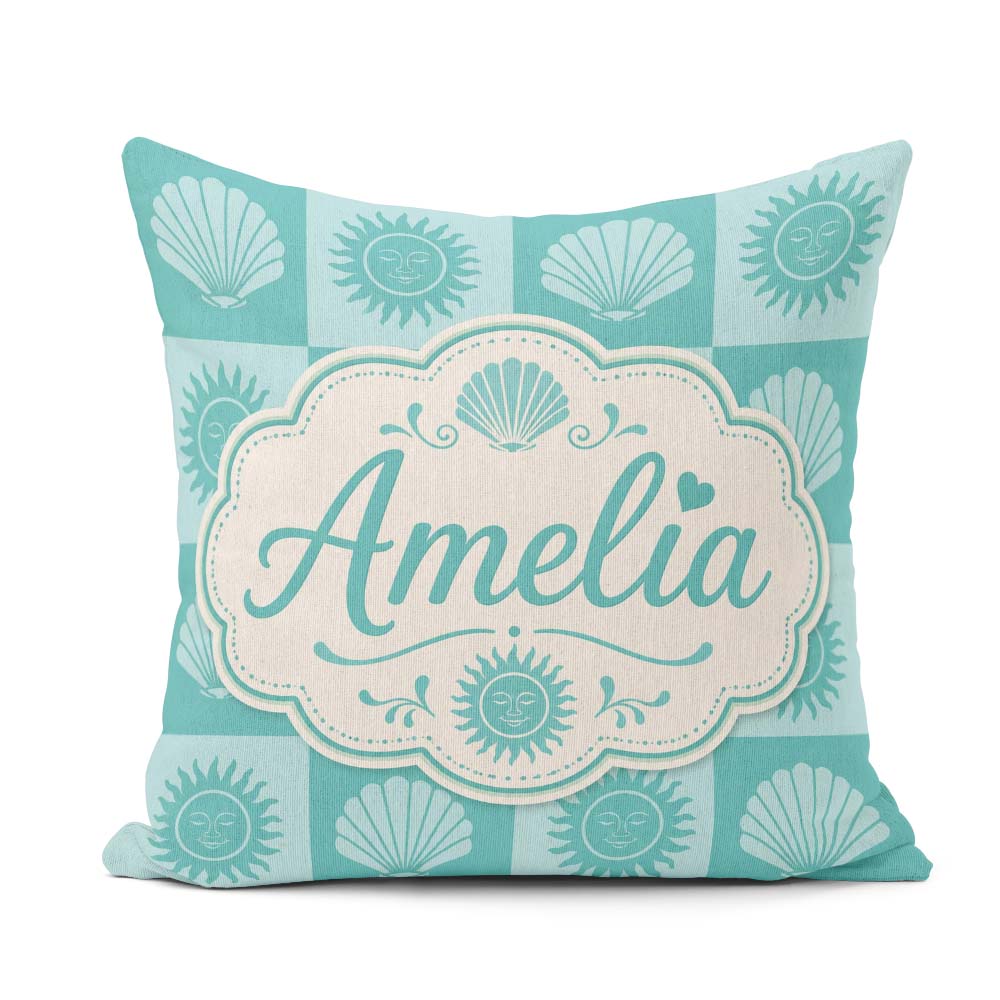 Custom Name Boho Sun And Shells Teal Seamless Pattern Name Cute Square Filled Cushion Throw Pillow Sofa Bed Home Decor Zip Washable UK Made
