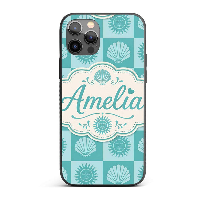 Boho Sun And Shells Checkerboard Teal Seamless Custom Name Protective Phone Case Mobile Cover Durable Everyday Smartphone Shock Resistant