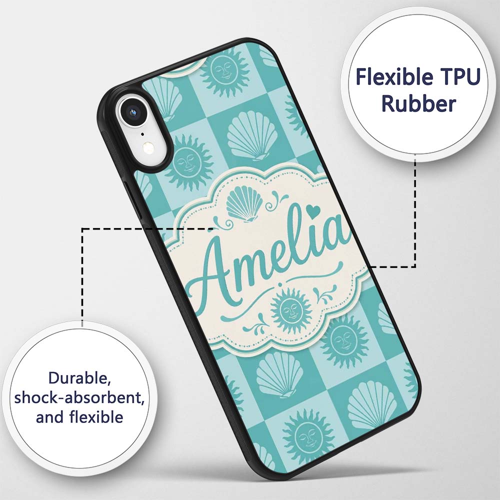 Boho Sun And Shells Checkerboard Teal Seamless Custom Name Protective Phone Case Mobile Cover Durable Everyday Smartphone Shock Resistant