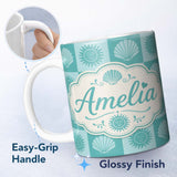 Personalized Custom Name Boho Sun And Shells Checkerboard Teal Seamless Pattern Name Cute 11oz Ceramic Coffee Tea Mug White Large Handle