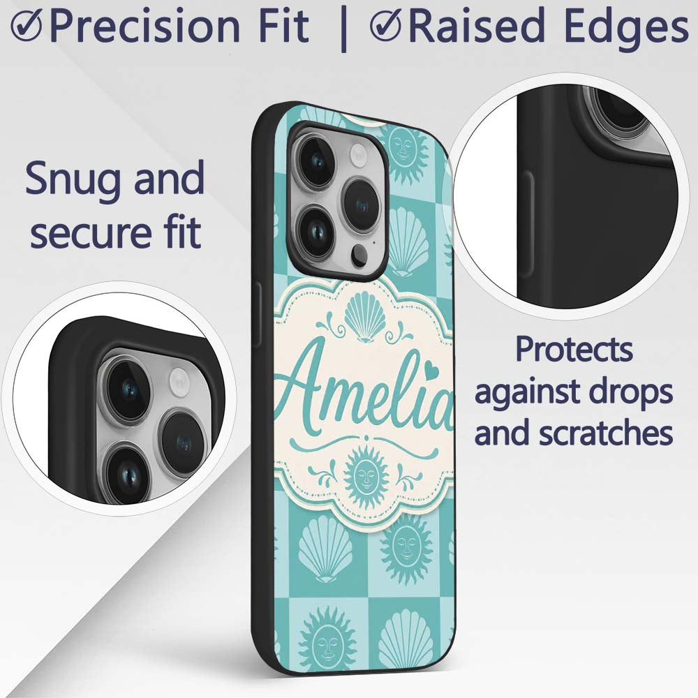 Boho Sun And Shells Checkerboard Teal Seamless Custom Name Protective Phone Case Mobile Cover Durable Everyday Smartphone Shock Resistant