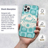 Boho Sun And Shells Checkerboard Teal Seamless Custom Name Protective Phone Case Mobile Cover Durable Everyday Smartphone Shock Resistant