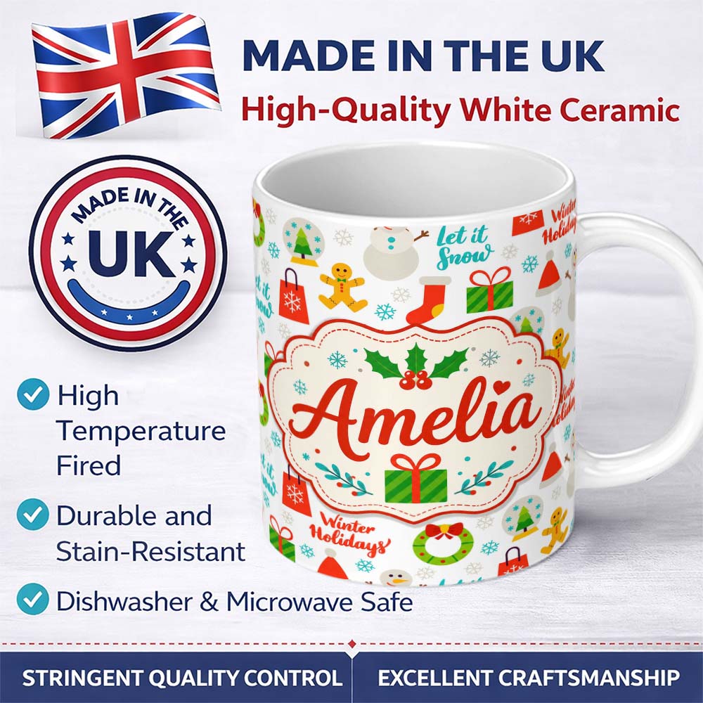 Personalized Custom Name Winter Holidays Snowman Gift Bag Gingerbread Seamless Pattern Lovely 11oz Ceramic Coffee Tea Mug White Large Handle