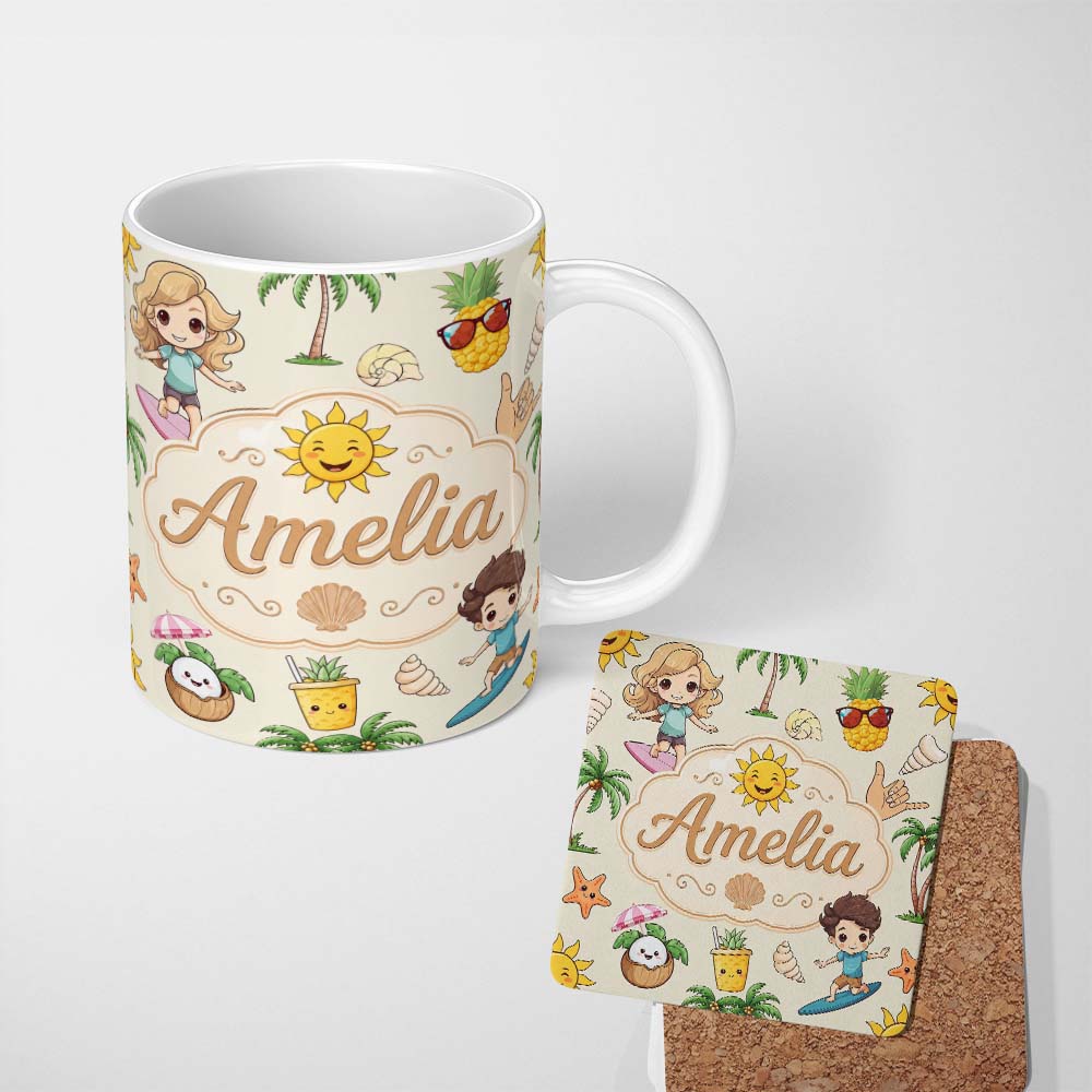 Personalized Custom Name Cute Summer Beach Kids Surfing Sun Pineapple Dog Seamless Pattern 11oz Ceramic Coffee Tea Mug White Large Handle