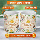 Personalized Custom Name Cute Summer Beach Kids Surfing Sun Pineapple Dog Seamless Pattern 11oz Ceramic Coffee Tea Mug White Large Handle