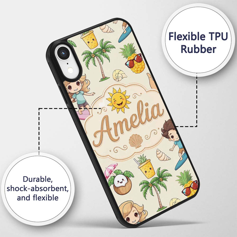 Cute Summer Beach Kids Surfing Sun Pineapple Dog Custom Name Protective Phone Case Mobile Cover Durable Everyday Smartphone Shock Resistant