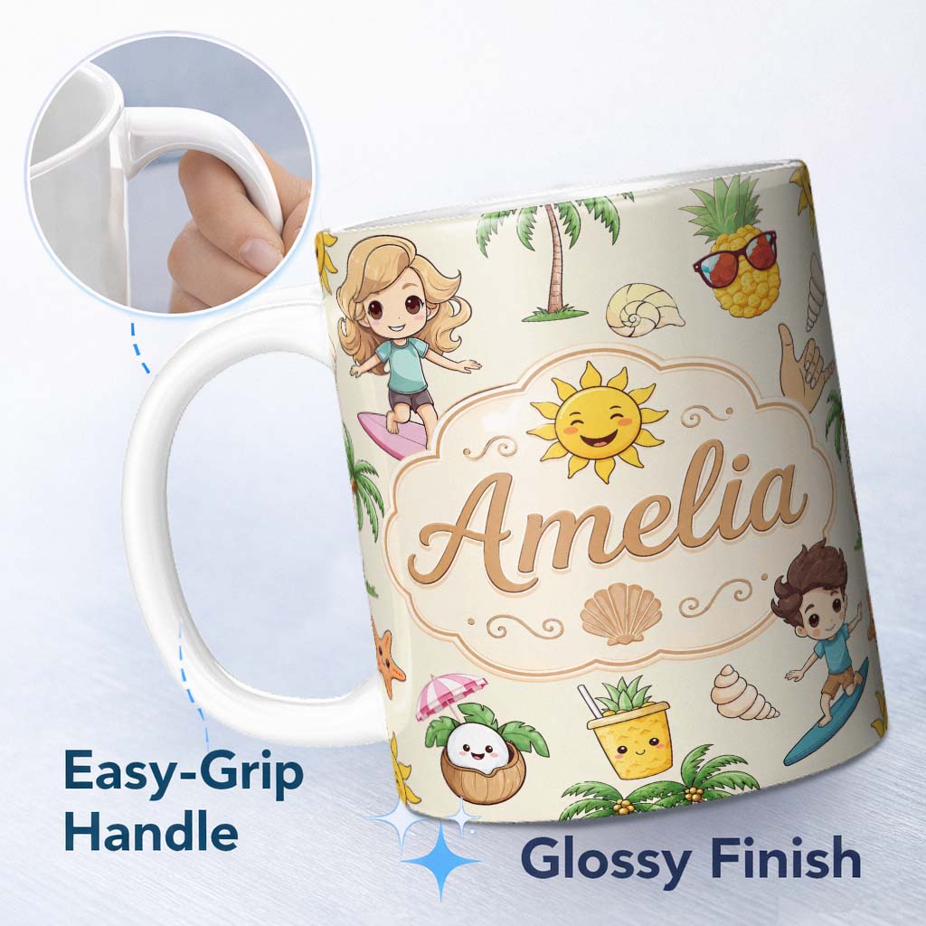 Personalized Custom Name Cute Summer Beach Kids Surfing Sun Pineapple Dog Seamless Pattern 11oz Ceramic Coffee Tea Mug White Large Handle