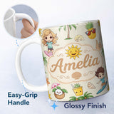 Personalized Custom Name Cute Summer Beach Kids Surfing Sun Pineapple Dog Seamless Pattern 11oz Ceramic Coffee Tea Mug White Large Handle