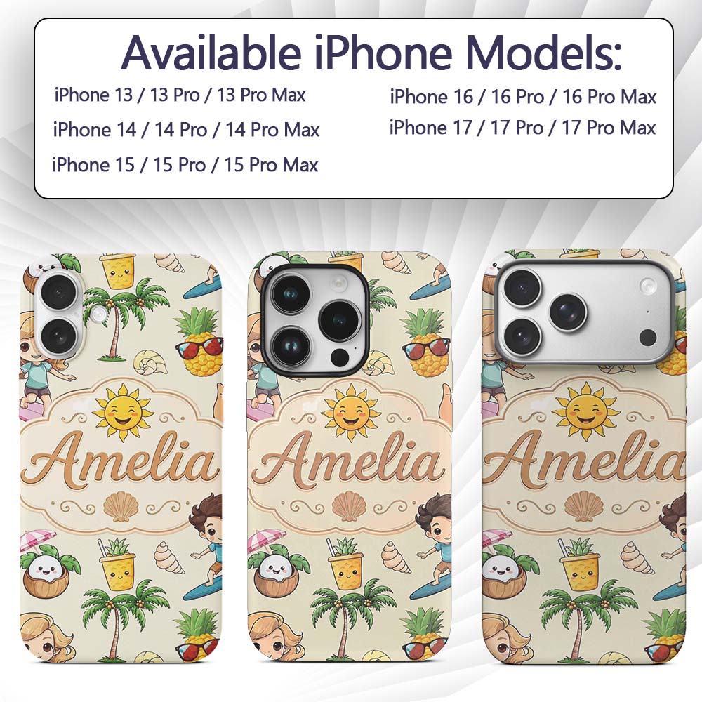 Cute Summer Beach Kids Surfing Sun Pineapple Dog Custom Name Protective Phone Case Mobile Cover Durable Everyday Smartphone Shock Resistant