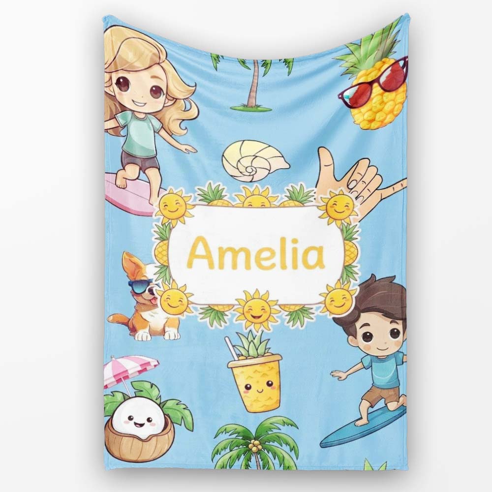 Cute Summer Beach Kids Surfing Sun Pineapple Dog Blue Seamless  Personalised Custom Name Super Soft Fleece Blanket Bed Sofa Throw