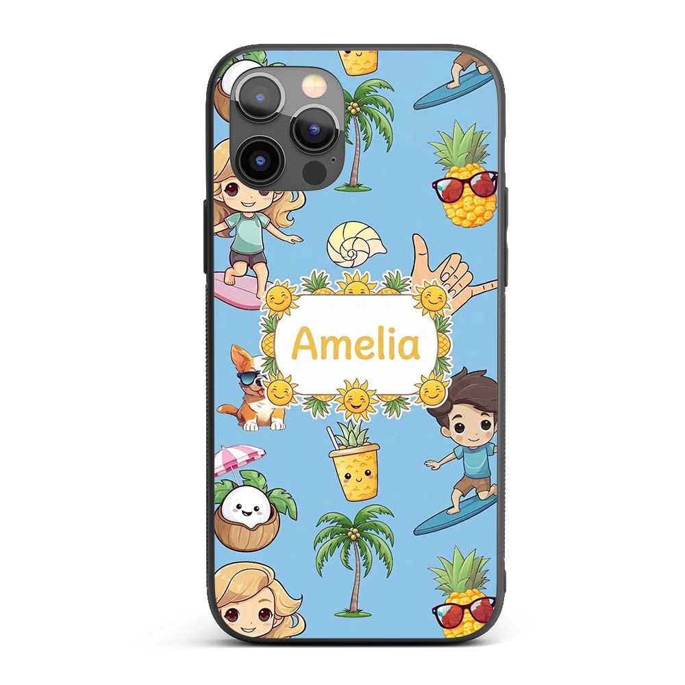 Cute Summer Beach Kids Surfing Sun Pineapple Dog Custom Name Protective Phone Case Mobile Cover Durable Everyday Smartphone Shock Resistant