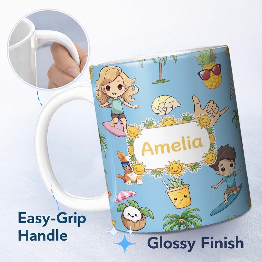 Personalized Custom Name Cute Summer Beach Kids Surfing Sun Pineapple Dog Blue Seamless 11oz Ceramic Coffee Tea Mug White Large Handle