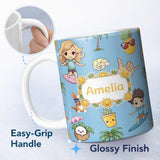 Personalized Custom Name Cute Summer Beach Kids Surfing Sun Pineapple Dog Blue Seamless 11oz Ceramic Coffee Tea Mug White Large Handle