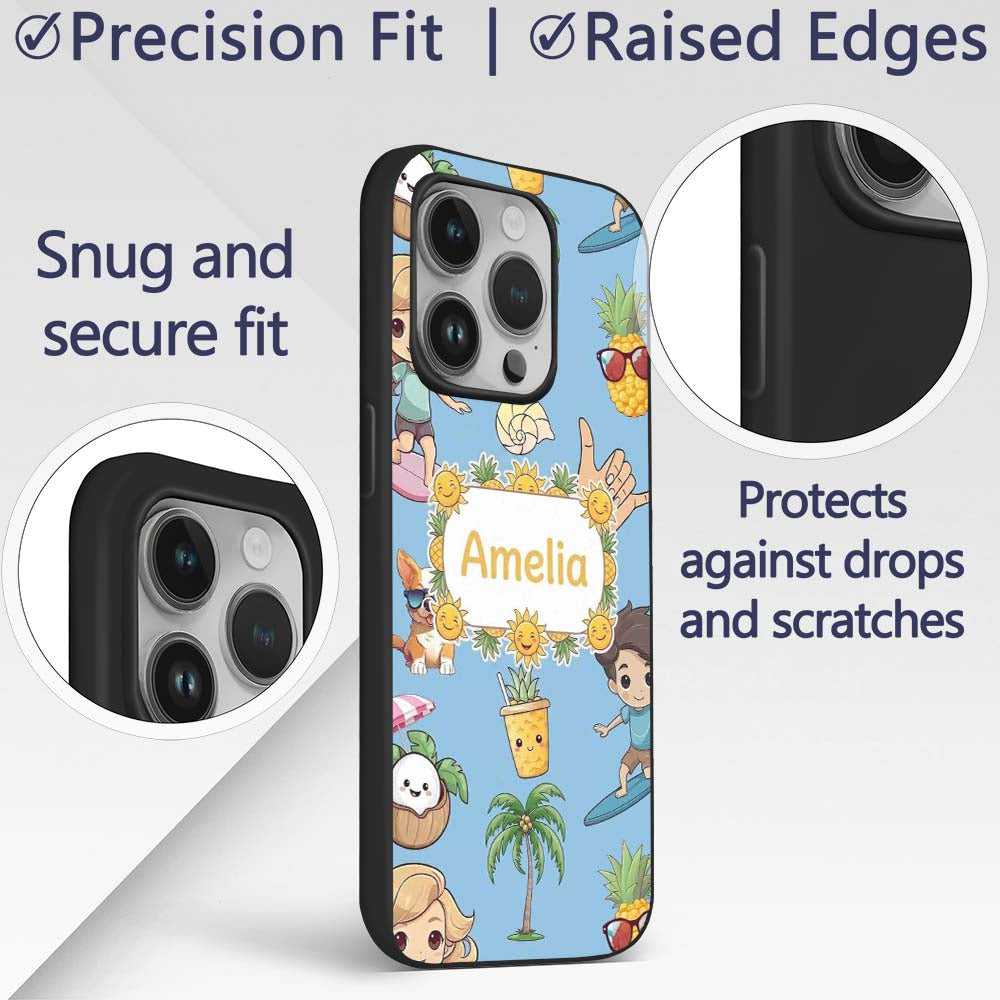 Cute Summer Beach Kids Surfing Sun Pineapple Dog Custom Name Protective Phone Case Mobile Cover Durable Everyday Smartphone Shock Resistant