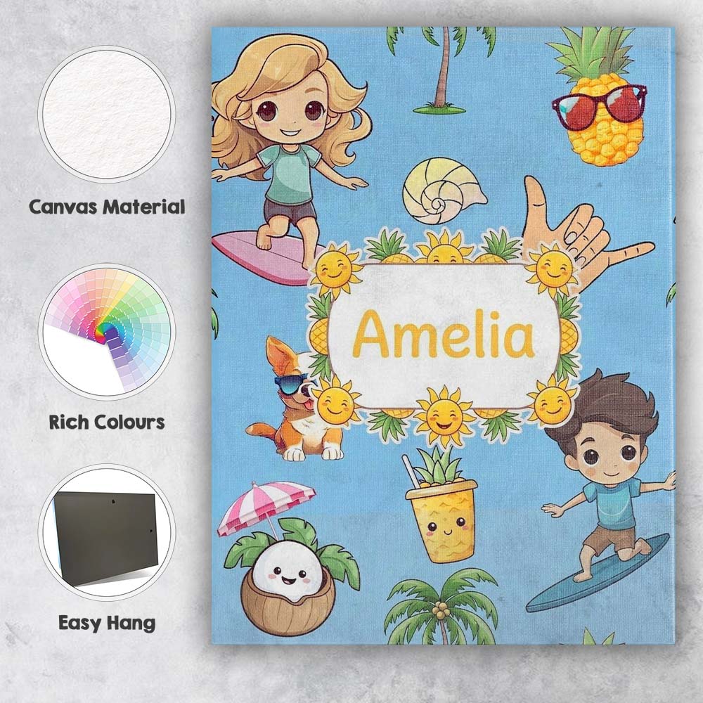 Personalised Name Cute Summer Beach Kids Custom  Unique Gift Idea Elegant Feature Canvas Wall Art Print Decor Picture Ready to Hang