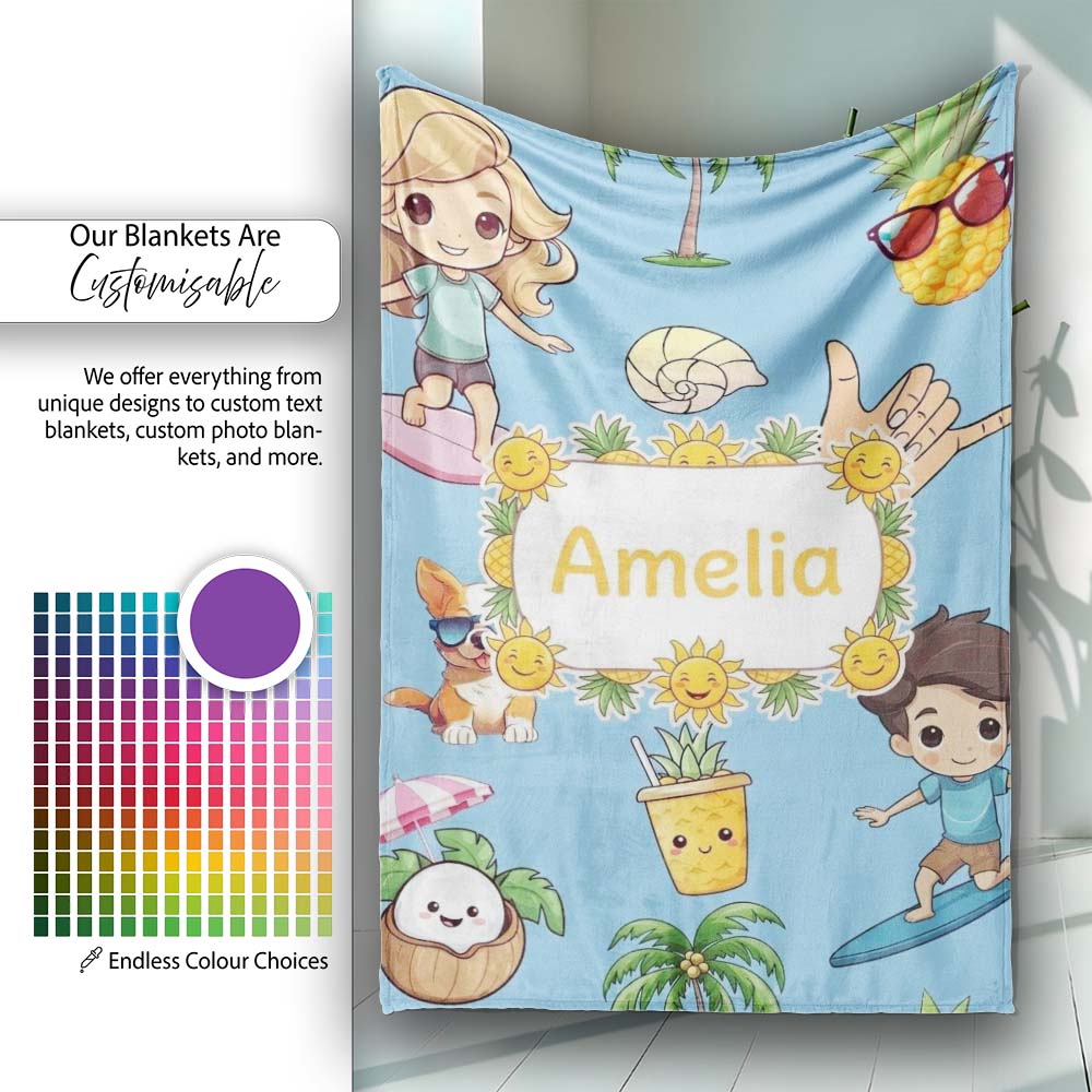 Cute Summer Beach Kids Surfing Sun Pineapple Dog Blue Seamless  Personalised Custom Name Super Soft Fleece Blanket Bed Sofa Throw