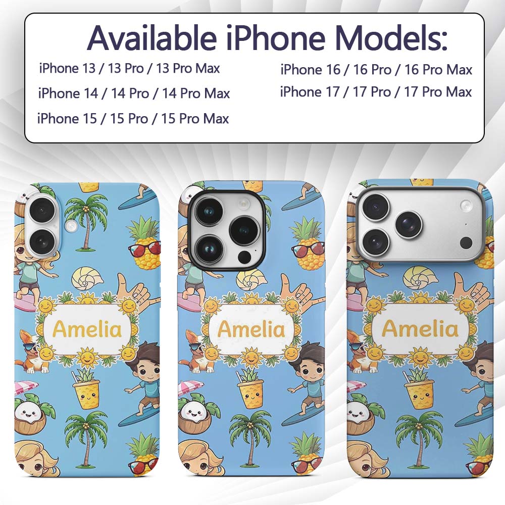 Cute Summer Beach Kids Surfing Sun Pineapple Dog Custom Name Protective Phone Case Mobile Cover Durable Everyday Smartphone Shock Resistant