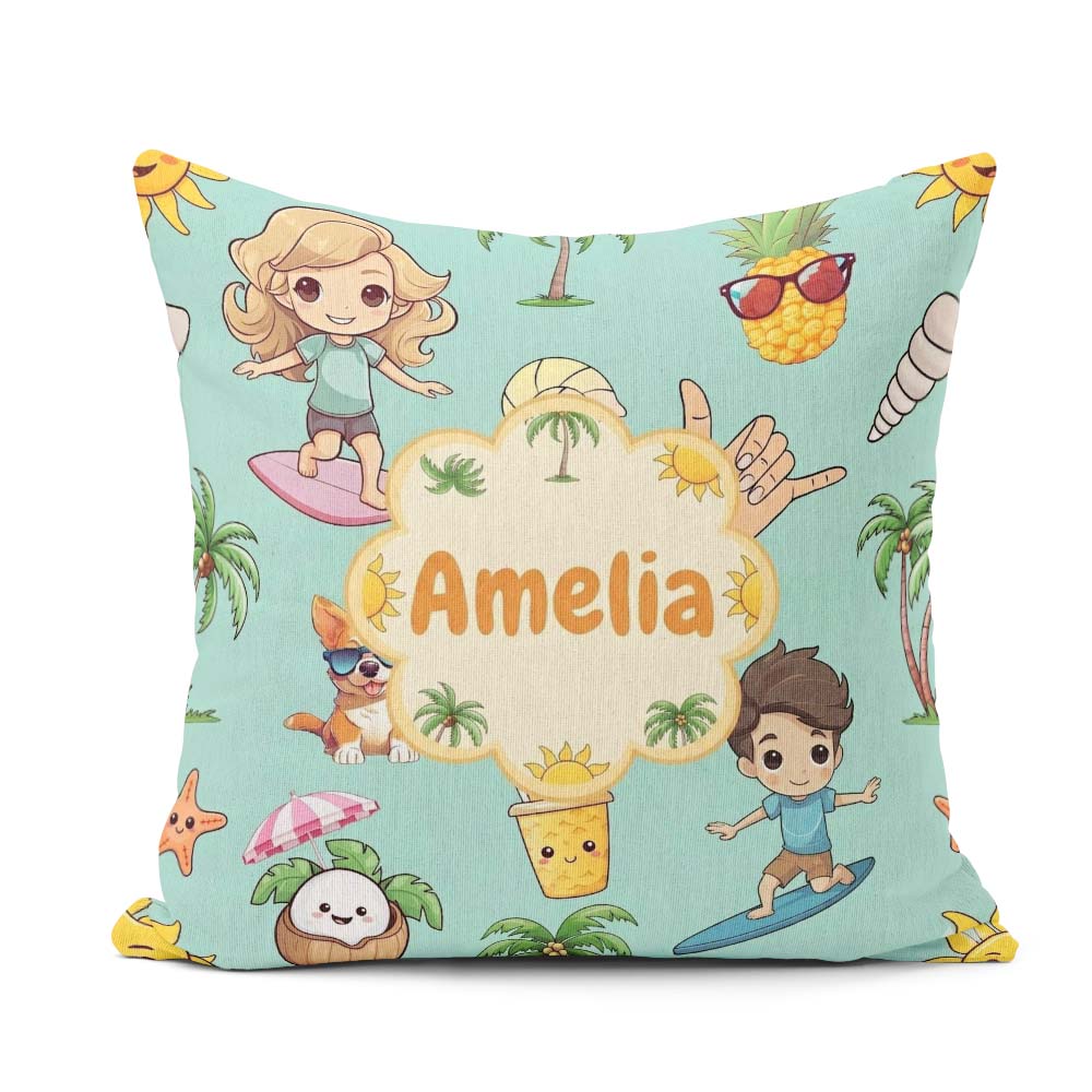 Custom Name Cute Summer Beach Kids Surfing Sun Dog Teal Seamless Square Filled Cushion Throw Pillow Sofa Bed Home Decor Zip Washable UK Made