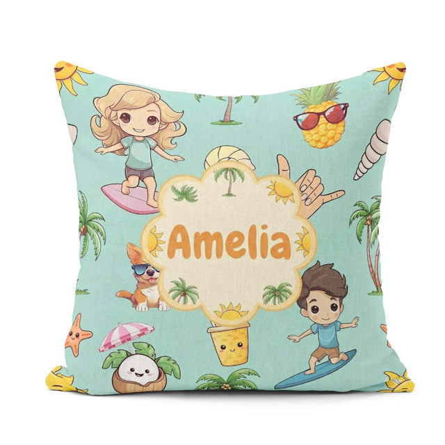 Custom Name Cute Summer Beach Kids Surfing Sun Dog Teal Seamless Square Filled Cushion Throw Pillow Sofa Bed Home Decor Zip Washable UK Made