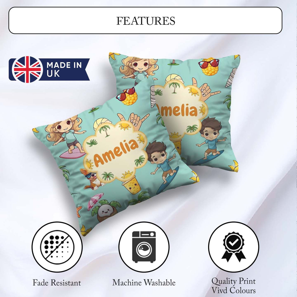 Custom Name Cute Summer Beach Kids Surfing Sun Dog Teal Seamless Square Filled Cushion Throw Pillow Sofa Bed Home Decor Zip Washable UK Made