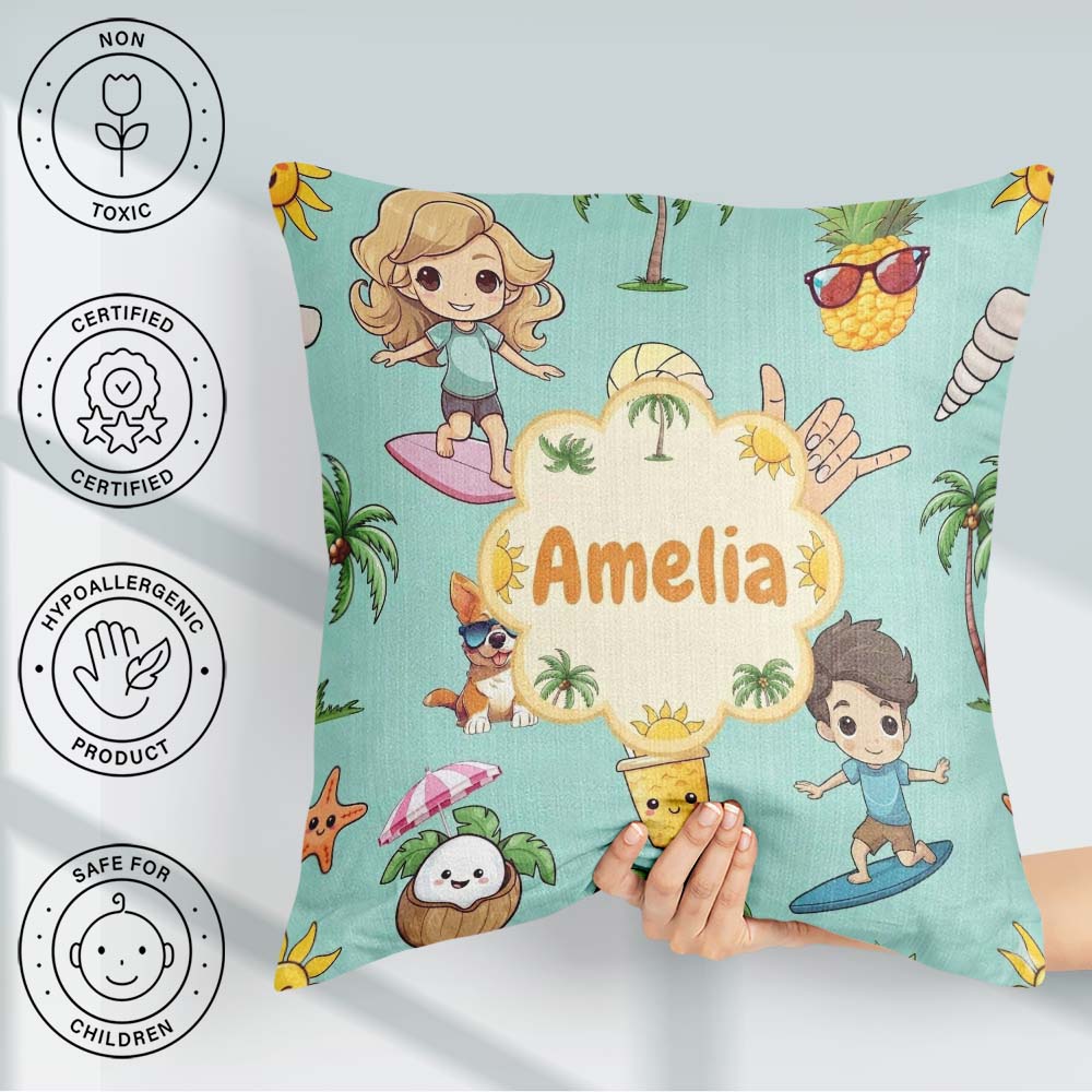Custom Name Cute Summer Beach Kids Surfing Sun Dog Teal Seamless Square Filled Cushion Throw Pillow Sofa Bed Home Decor Zip Washable UK Made