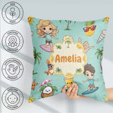 Custom Name Cute Summer Beach Kids Surfing Sun Dog Teal Seamless Square Filled Cushion Throw Pillow Sofa Bed Home Decor Zip Washable UK Made