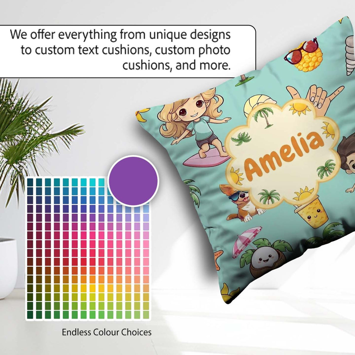 Custom Name Cute Summer Beach Kids Surfing Sun Dog Teal Seamless Square Filled Cushion Throw Pillow Sofa Bed Home Decor Zip Washable UK Made