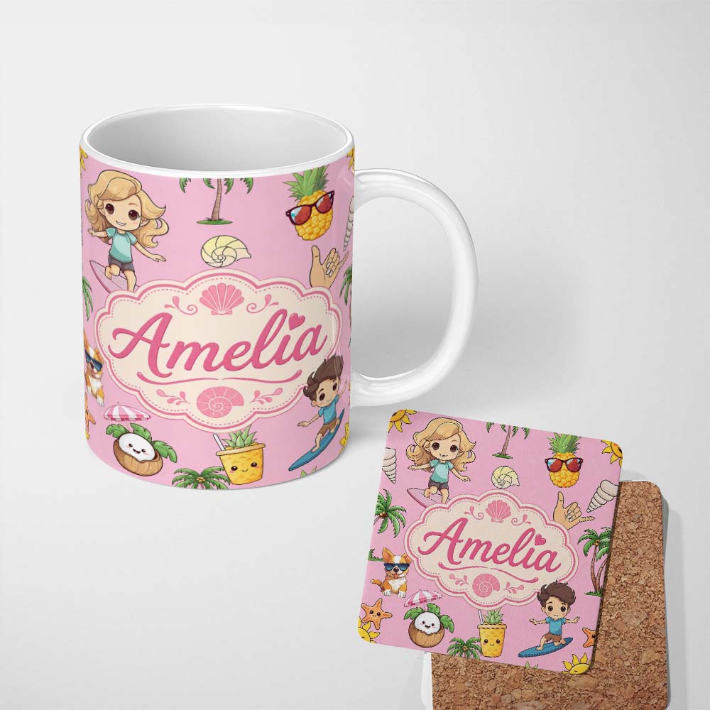 Personalized Custom Name Cute Summer Beach Kids Surfing Sun Pineapple Dog Pink Seamless 11oz Ceramic Coffee Tea Mug White Large Handle