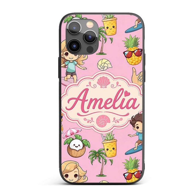 Cute Summer Beach Kids Surfing Sun Pineapple Dog Custom Name Protective Phone Case Mobile Cover Durable Everyday Smartphone Shock Resistant