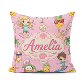 Custom Name Cute Summer Beach Kids Surfing Sun Dog Pink Seamless Square Filled Cushion Throw Pillow Sofa Bed Home Decor Zip Washable UK Made