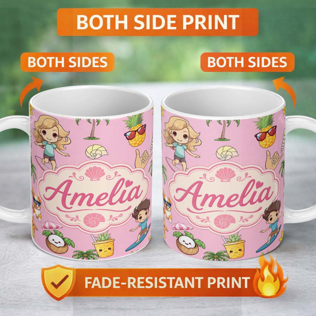 Personalized Custom Name Cute Summer Beach Kids Surfing Sun Pineapple Dog Pink Seamless 11oz Ceramic Coffee Tea Mug White Large Handle