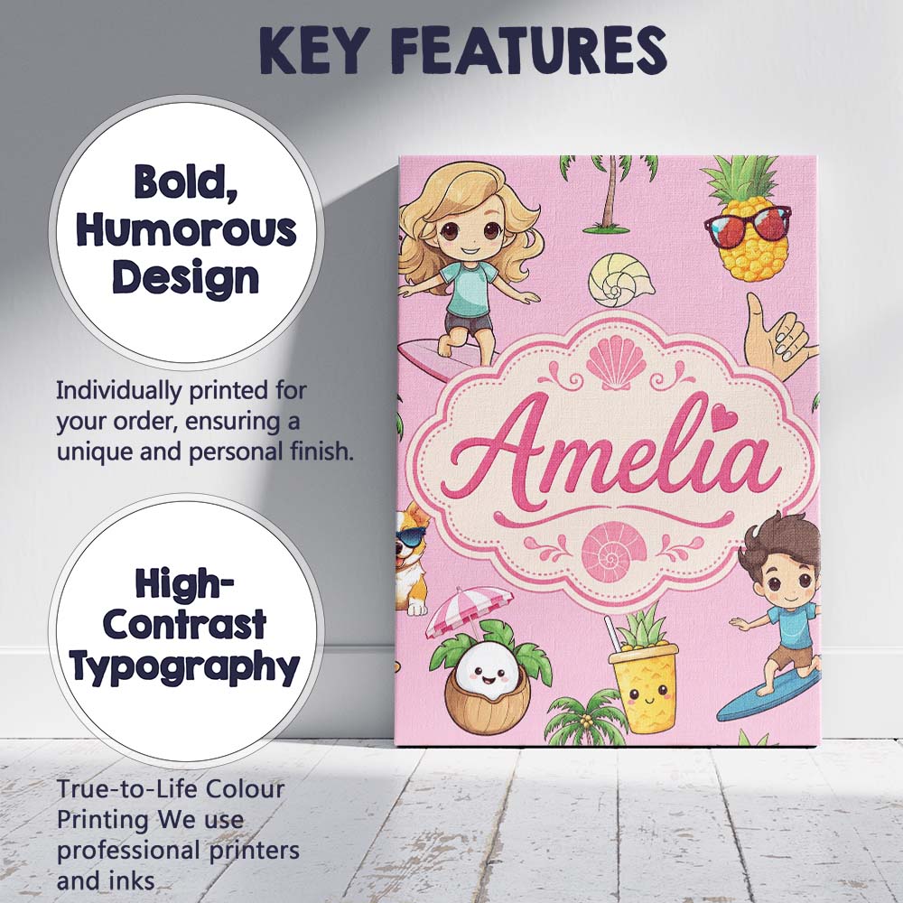 Personalised Name Cute Summer Beach Kids Custom  Unique Gift Idea Elegant Feature Canvas Wall Art Print Decor Picture Ready to Hang