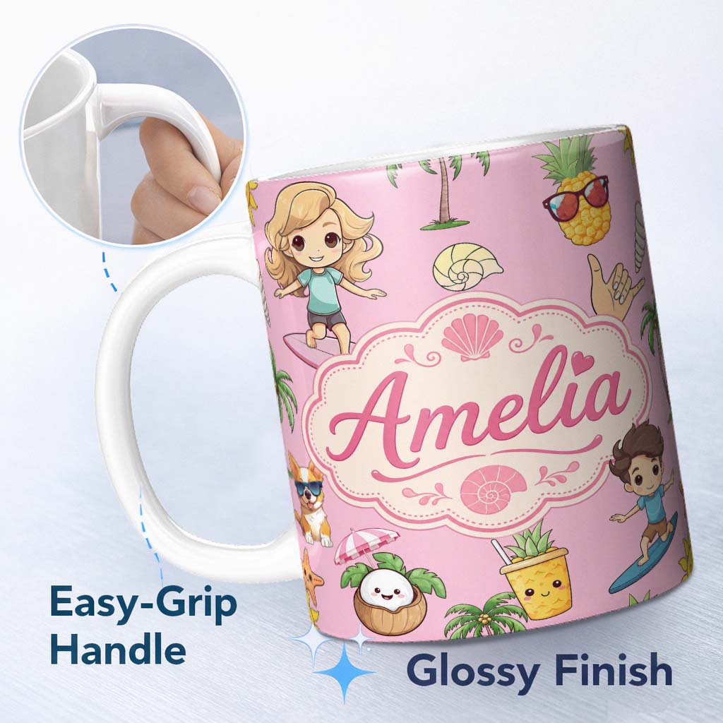 Personalized Custom Name Cute Summer Beach Kids Surfing Sun Pineapple Dog Pink Seamless 11oz Ceramic Coffee Tea Mug White Large Handle